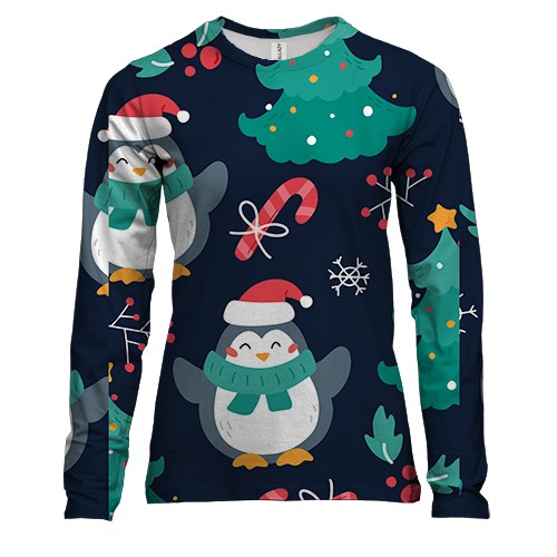 Женский 3D лонгслив Новогодний паттерн. Пингвины 1