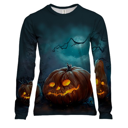 Женский 3D лонгслив с тыквами в полнолуние