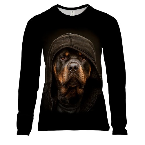 Женский 3D лонгслив Ротвейлер в капюшоне