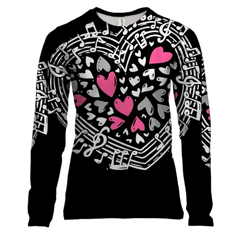 Женский 3D лонгслив с музыкальными сердечками