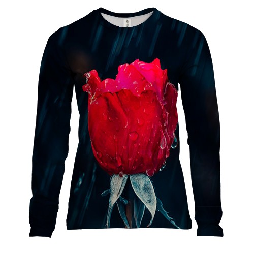 Женский 3D лонгслив с розой под дождем