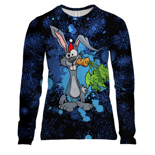 Жіночий 3D лонгслів Кролик з морквиною у сніжинках