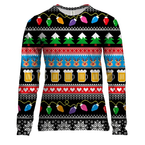 Женский 3D лонгслив Новогодний узор с пивом и оленями