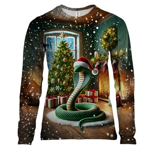 Женский 3D лонгслив Новогодняя змейка возле камина