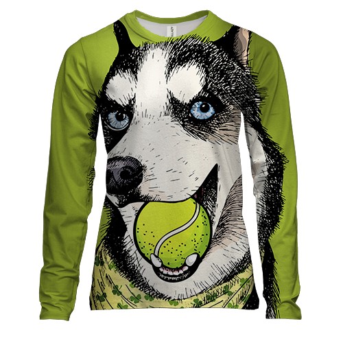 Женский 3D лонгслив с хаски и теннисным мячиком