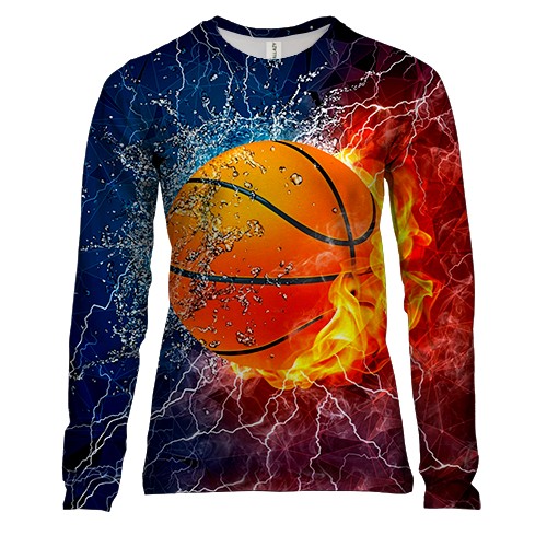 Женский 3D лонгслив с баскетбольным мячом в огне и воде