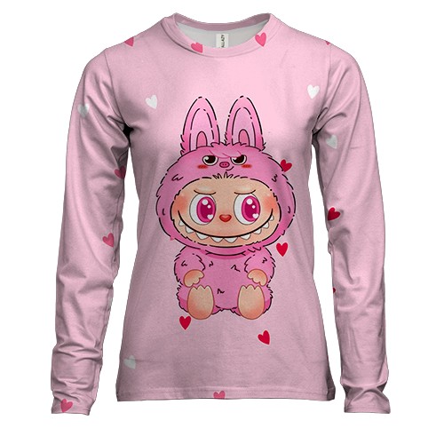 Жіночий 3D лонгслів Лабубу в рожевих серцях