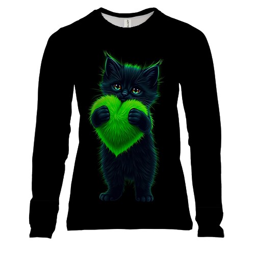Женский 3D лонгслив Кислотный кот с сердцем