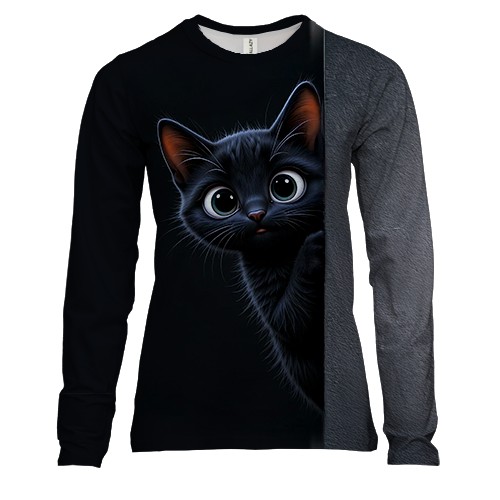 Женский 3D лонгслив с котом выглядывающим из-за стены