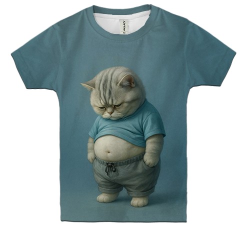Детская 3D футболка Грустный пузатый котик
