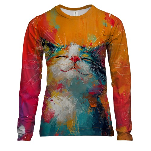 Женский 3D лонгслив Счастливый Кот в цветных красках