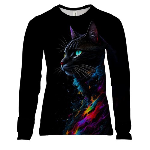 Женский 3D лонгслив с Черным котом в ярких красках