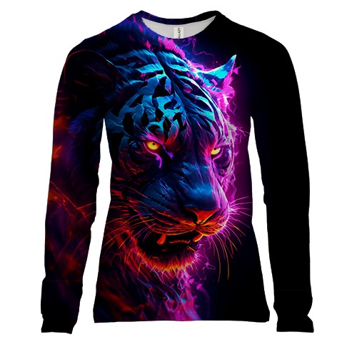 Женский 3D лонгслив с тигром в неоновом цвете