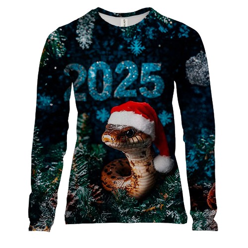 Женский 3D лонгслив Змея в шапке Санты