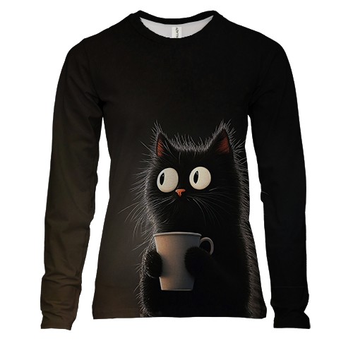 Жіночий 3D лонгслів Кіт з чашкою напою