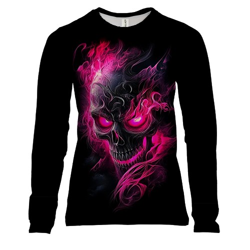 Женский 3D лонгслив Череп в розовом пламени