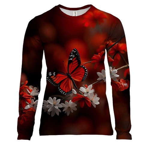 Жіночий 3D лонгслів з біло-червоними квітами та метеликом