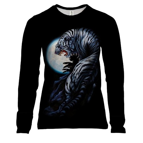 Женский 3D лонгслив с белым тигром на фоне луны