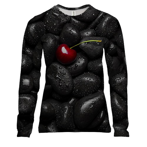 Жіночий 3D лонгслів Вишня на чорній гальці