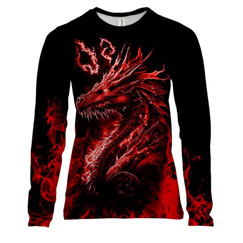Женский 3D лонгслив Красный огненный дракон (2)