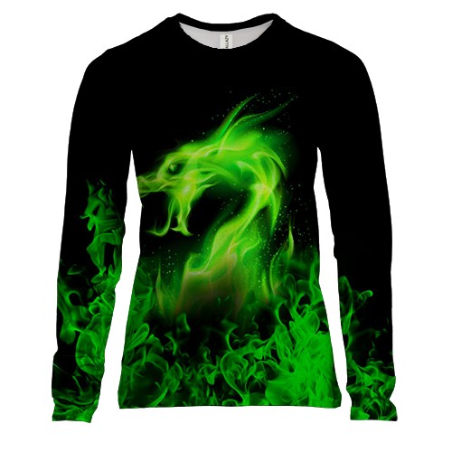 Женский 3D лонгслив Зеленый огненный дракон