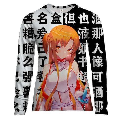 Женский 3D лонгслив Асуна - Sword art Online (черно-белые иероглифы)