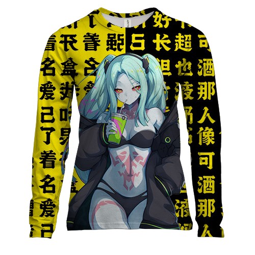 Жіночий 3D лонгслів Ребекка - Кіберпанк аніме (чорно-жовті ієрогліфи)