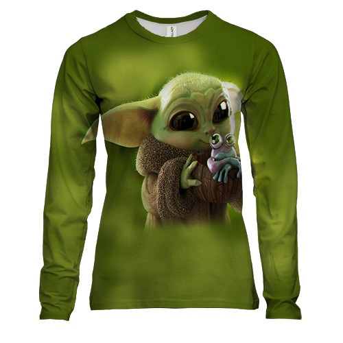 Женский 3D лонгслив Малыш Грогу с лягушкой