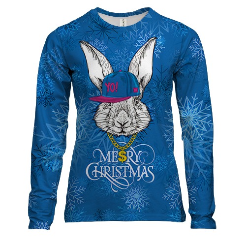 Женский 3D лонгслив Кролик в кепке Merry Christmas