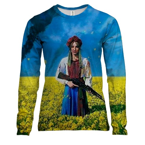 Женский 3D лонгслив Украинка с винтовкой - Хай живе вільна Україна