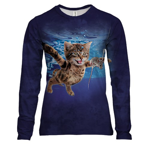 Жіночий 3D лонгслів Кіт пірнає за мишкою