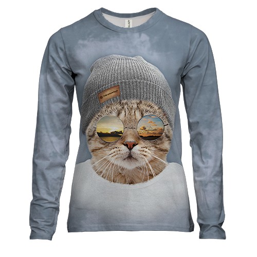 Жіночий 3D лонгслів Кіт-хіпстер