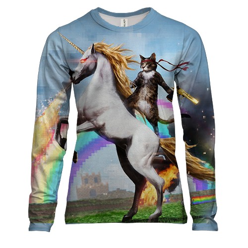 Женский 3D лонгслив Кот на Единороге с пистолетом