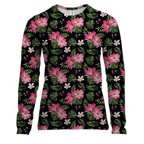 Жіночий 3D лонгслів з орхідеями на чорному фоні