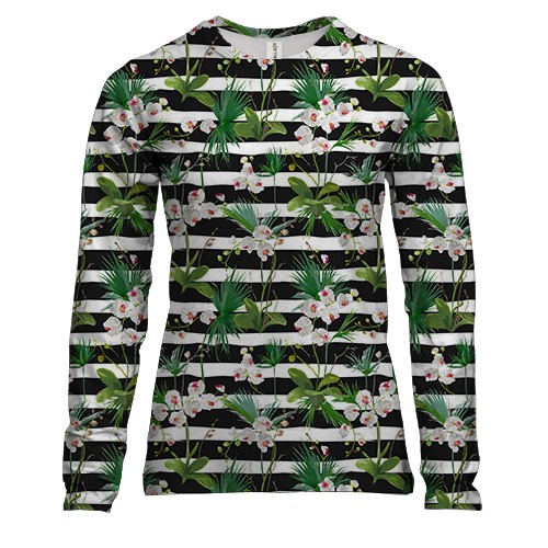 Жіночий 3D лонгслів з квітами на чорно-білих смугах