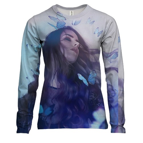 Женский 3D лонгслив Девушка с голубыми бабочками