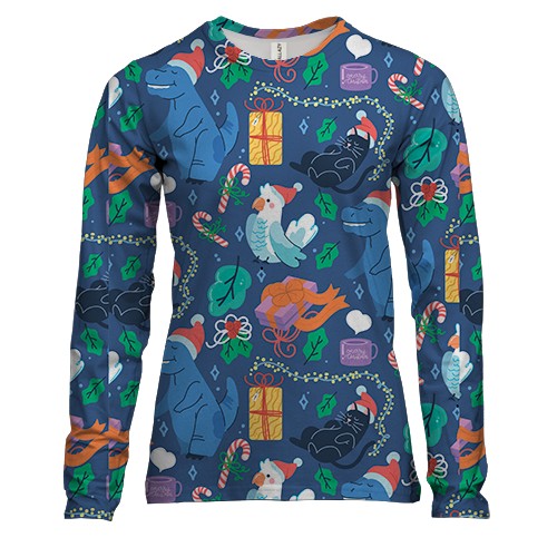 Женский 3D лонгслив Новогодний паттерн. Динозавры 1