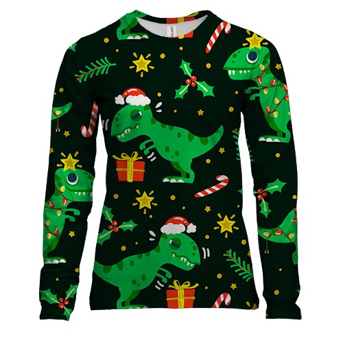 Женский 3D лонгслив Новогодний паттерн. Динозавры