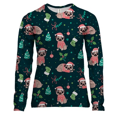 Жіночий 3D лонгслів Новорічний патерн. мопси