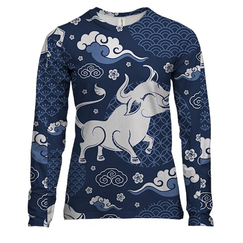 Женский 3D лонгслив Новогодний паттерн. Бык