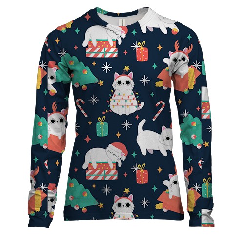 Женский 3D лонгслив Новогодний паттерн. Коты