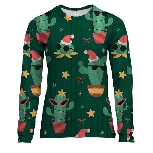Женский 3D лонгслив Новогодний паттерн. Кактус