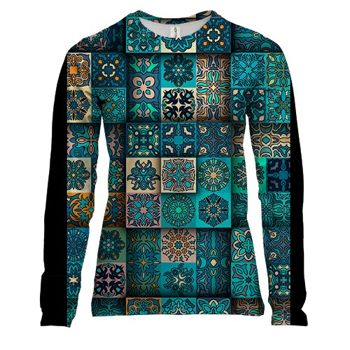 Женский 3D лонгслив Голубые узоры в клетках