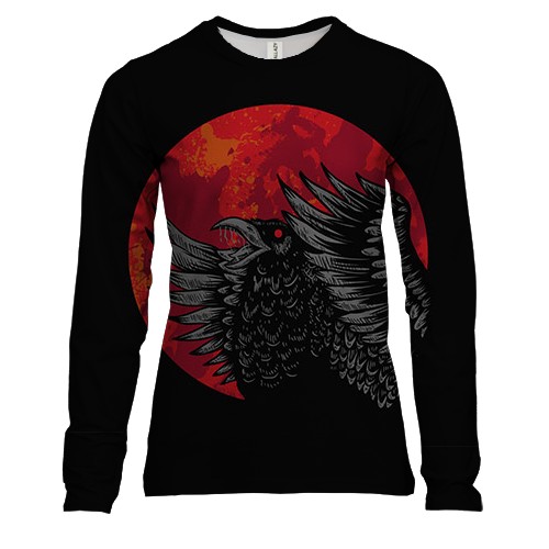 Женский 3D лонгслив с черным вороном в красном кругу