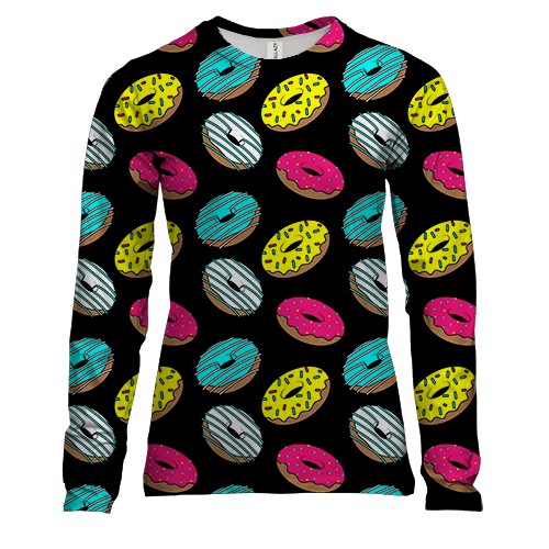 Жіночий 3D лонгслів Пончики на чорному