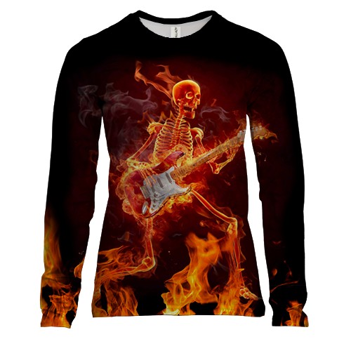 Женский 3D лонгслив Огненный скелет с гитарой
