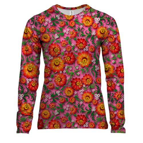 Женский 3D лонгслив с петриковской росписью (розовая)