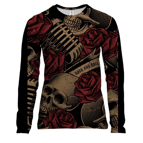 Женский 3D лонгслив с черепами и микрофонами