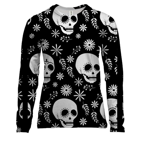 Женский 3D лонгслив с черепами и цветочками