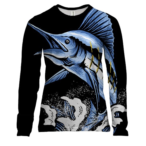 Женский 3D лонгслив с синей рыбой мечом